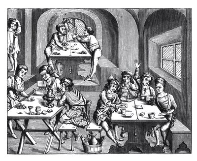 ヴァージルのフォリオ版の木版画の後のホステルの内部、リヨンを公開、1517 作： French School
