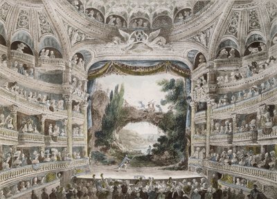 オリジナルの水彩画の後、1791年にコメディフランセーズ劇場の内部 作： French School