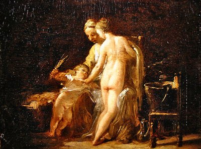 水浴する婦人のいる室内」1800年頃（パネルに油彩 作： French School
