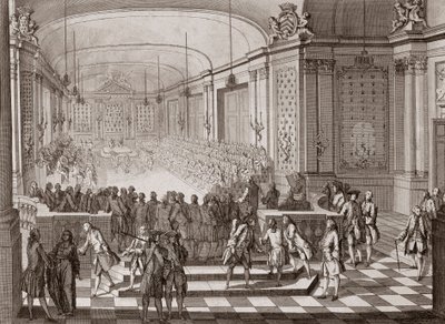 1764年、ブルターニュ連合開催中のナントにあるジャコバン堂の内観。 作： French School
