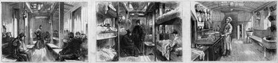 フランスのSociete de secours aux wesses militairesの医療列車の救急車ワゴンとキッチンワゴンの内観。1873年6月28日付の "Le Monde Illustré "846号に掲載されたエングレーヴィング。 作： French School