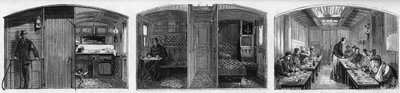 フランスのSociete de secours aux wesses militairesの医療列車の医療ワゴンと食堂ワゴンの内観。1873年6月28日付の "Le Monde Illustré "846号に掲載された図版。 作： French School