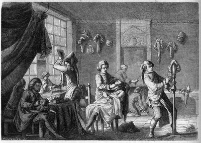 18世紀、ルイ15世時代のフランス人カツラ職人の店の内観。ダーゲントのエングレーヴィング 作： French School