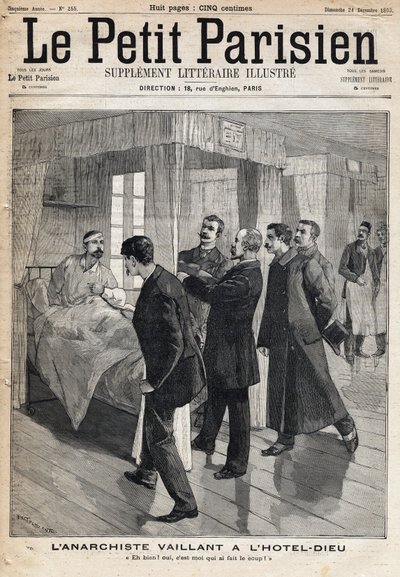 ホテル・デューで行われた無政府主義者Auguste Vaillant（1861-1894）の尋問で、12月9日に犯した攻撃を告白。 作： French School