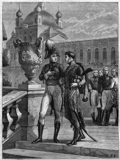 1801年4月にサンクトペテルブルクで行われたロシア皇帝アレクサンドル1世（1777-1825）とミシェル・デュロック（1772-1813）の会見 - ルイ・アドルフ・ティエールの「Histoire du Consulate et de la Empire」に掲載された1865年のエングレーヴィング - ロシア皇帝アレクサンドル1世（1777-1825）とミシェル・デュロック（1772-1813）の会話 作： French School