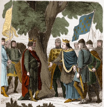 1188年、フィリップ・オーギュスト王とイングランド王ヘンリー2世2プランタジネット（1133-1189）との間で行われたノルマンディー地方北部のジゼルの面接。 作： French School