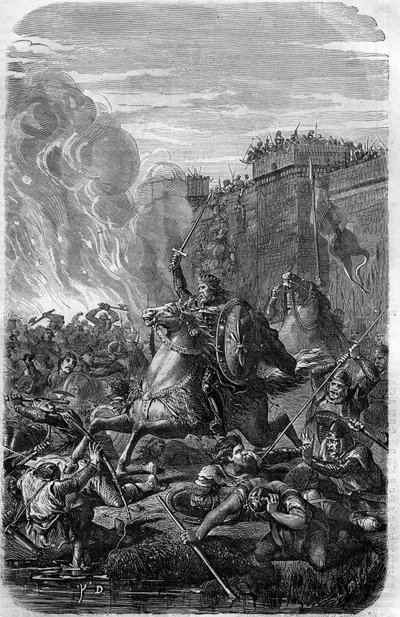 410年、西ゴート族の王アラリック1世によるローマへの侵攻と略奪。モーリス・ラシャトレ著「Histoire des Papes-Rois-Queen and Empereurs a travers les centuries」に掲載されている図版。 作： French School