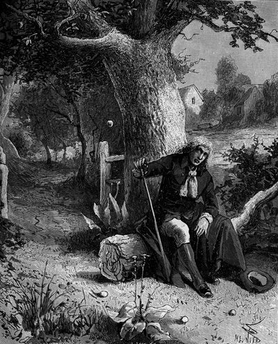 アイザック・ニュートン（1642-1727）イギリスの数学者・天文学者。ウールストホップのリンゴの木から落ちてきたリンゴをきっかけに、地球の重力という概念を発見した。 作： French School