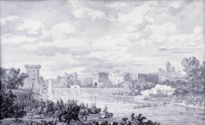 イタリアの田園地帯：1796年、ミンチオ川をボルゲットへ抜けるフランス軍。匿名のデッサン。パリ、ルーヴル美術館 作： French School