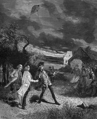 ジャック・ド・ロマス（1713-1776）はフランスの物理学者で、1752年に凧を使って大気中の電気を捉える実験を行った。 作： French School