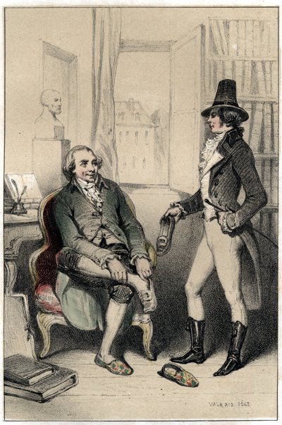 フランスの詩人ジャック・ディ・ラベ・デリーユ(1738-1813)は、友人の一人にキャビネットの鍵を強制的に開けるように頼んだり、妻が彼の靴に鍵をかけたりして、彼を外に出さずに仕事をさせるようにしている。Scenes de la vie des hommes famous "のエングレーヴィングから抜粋したプレート。 作： French School