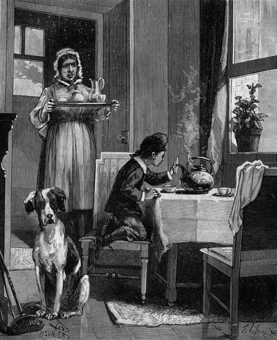 蒸気の法則を発見した幼少期のジェームズ・ワット（1736-1819）。 作： French School