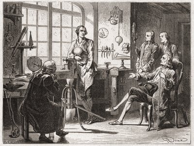 ジェームズ・ワット（1769年に蒸気機関を発明）のグラスコウの店にて。 作： French School