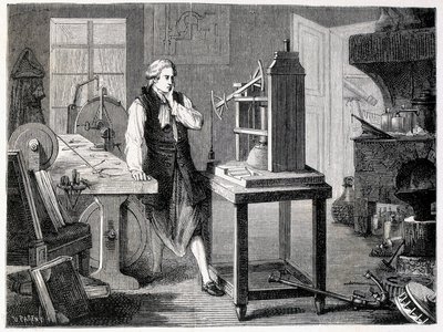 ニューコメンの機械を研究するジェームズ・ワット（1767年） - 1896年の「科学のアルバム：著名な学者たち、偉大な発見」より 作： French School