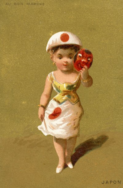 1890年頃、パリのボンマルシェ百貨店のプロモーションカードとして制作された、さまざまな国の子供たちの一連のイラストの日本人の女の子 作： French School