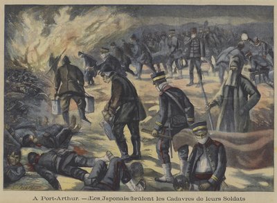 日露戦争の旅順包囲戦で戦死した仲間の遺体を焼く日本兵（カラーリトグラフ 作： French School
