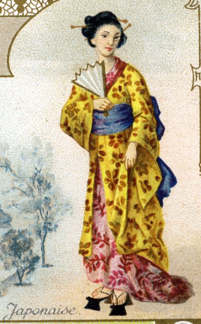 日本の女性。19世紀末のパリのリトグラフ版。1869年に制作されたディジョンのビスケット・ペルノ社の25枚の広告用リトグラフシリーズ。伝統的な衣装を着た登場人物のディテール 作： French School