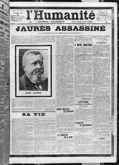1914年8月1日、LHumaniteから暗殺されたJaures（photolitho） 作： French School