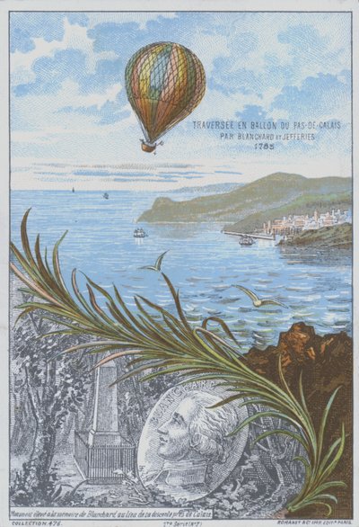 1785年1月7日、英仏海峡を初めて気球で横断したジャン＝ピエール・ブランシャールとジョン・ジェフリーズ（カラーリトグラフ版 作： French School