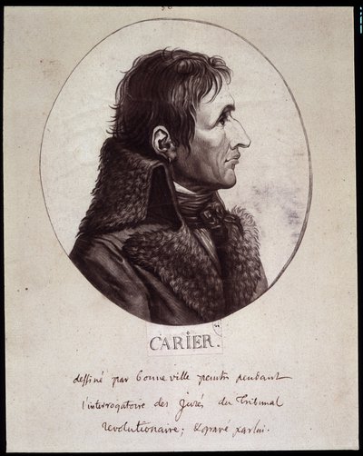 ジャン・バティスト・キャリア（1756-1794）、革命裁判所のプロジュレスの尋問中にグーヌヴィルが描いた絵 作： French School