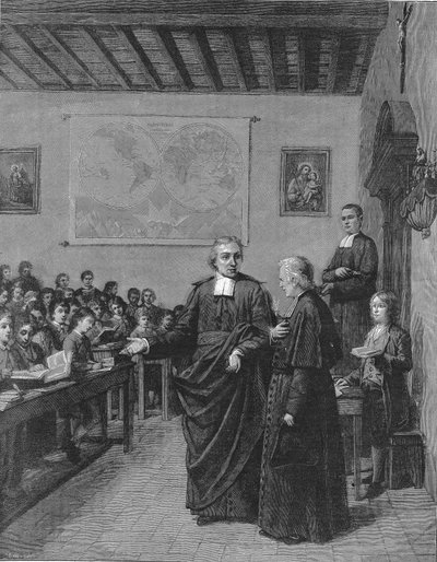 Jean Baptiste De La Salle (Jean-Baptiste) 1651-1719 フランスの宗教家で、キリスト教学校の兄弟の会の創設者、M de La Chetardieに自分の学校の一つを見せる。19世紀末のエングレーヴィング。 作： French School