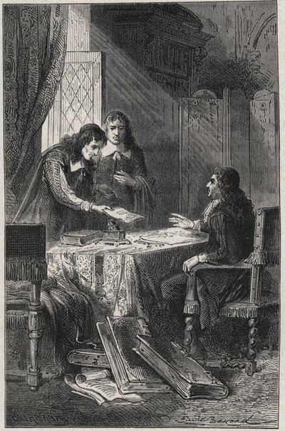 Jean Chapelain (1595-1674) フランスの詩人・文芸評論家、Pierre Costar (1603-1660)がJean Baptiste Colbert (1619-1683)に国王から年金をもらうに値する作家のリストを渡した-Louis Dumas 18の "Les Hommes Celebres de la France "に掲載されている彫刻。 作： French School