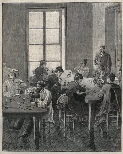 19世紀のパリのジュエリー工房。Adolphe BITARDの "Les arts et metiers illustres "に掲載された1885年のエングレーヴィング。 作： French School