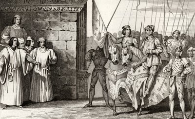 ジョアンオブアーク（1412-31）が1429年にレームスに到着し、1840年に出版されたコラートの「フランスの歴史」からのチャールズ7世（1403-61）の戴冠式に出席します。 作： French School