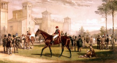 ロンシャン競馬場のパドックで馬に乗るジョッキー 作： French School
