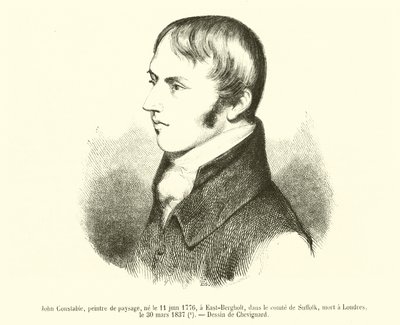 ジョン・コンスタブル（風景画家）、1776年6月11日サフォーク州イースト・ベルグホルト生まれ、1837年3月30日ロンドンで死去（エングレーヴィング）。 作： French School
