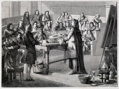 イギリスの化学者・物理学者であるジョセフ・ブラック（1728～1799）は、グラスコウ大学の学生たちの前で潜熱を体験する。 作： French School
