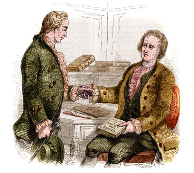 ジョセフ・ド・メースル（1753-1821）（フランスの政治家、作家、哲学者）とグザヴィエ・ド・メースル伯爵（1763-1852）（フランスの将校、作家）が「私の部屋をめぐる旅」の最初のコピーを持っている様子。森の絵。1852年のエングレーヴィング。 作： French School