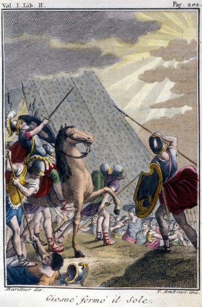 ヨシュアが太陽のレースを止める、ド・サシーが提示したフランス版『La Bible』の後の彫刻。パリ 作： French School