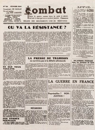 Journal COMBAT - number 54 - February 1944 - 統一抵抗運動の機関紙。秘密の新聞） - レジスタンスはどこへ行くのか 作： French School