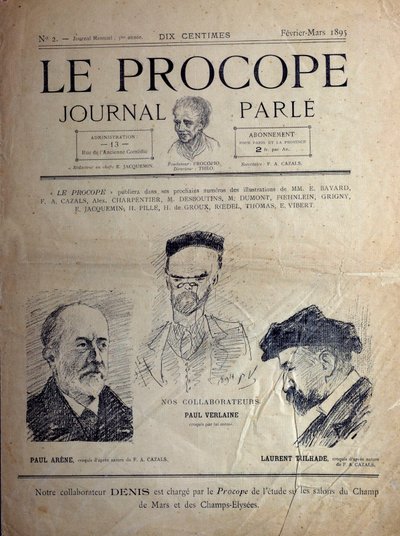 1895年2月、パリのカフェ「ジャーナル・デュ・プロープ」：フランスの詩人ポール・ヴェルレーヌ、ポール・アレーヌ、ローラン・タイラードの肖像画。 作： French School