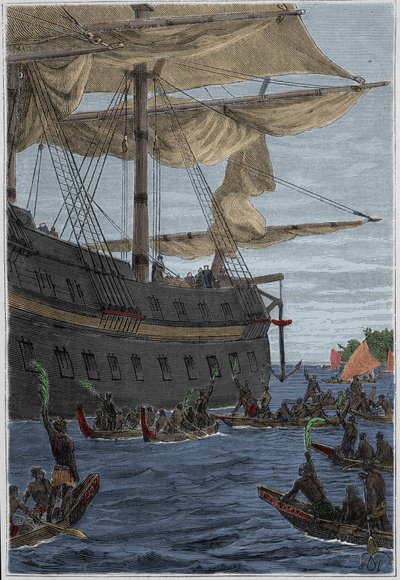 サミュエル・ウォリス（1728-1795）のポリネシアへの旅：バナナの枝を手にして歓迎の挨拶をする先住民 - 図版は "The Great Mariners of 18th century "から引用。 作： French School