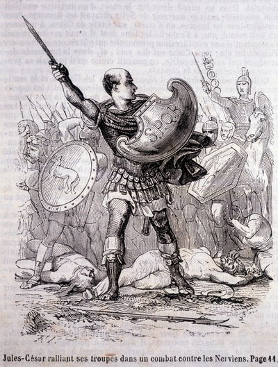ユリウス・カエサルがネルヴィアンとの戦いで兵を奮い立たせる-L.-P.の『フランス史』の中で。アンケティル 作： French School