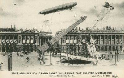 ツェッペリンでパリからオベリスクを撤去するイメージのカイザー・ウィルヘルム2世（リトグラフ 作： French School