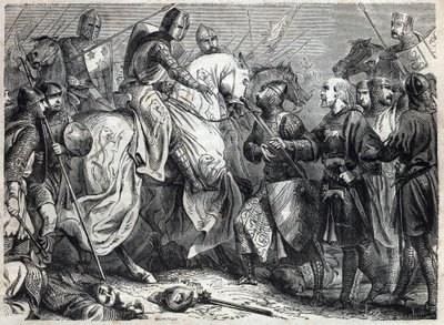 アラゴン王アルフォンソ5世（v.1396-1458）がナポリ王国を征服する。モーリス・ラシャトレ著「ローマ教皇の歴史（...）世紀を超えた女王王と皇帝の犯罪」に掲載されている図版 作： French School