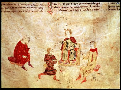 アーサー王、彼の顧問に囲まれた彼の玉座、ローマデメリアドゥス 作： French School