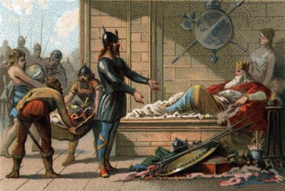 691年から695年までフランスの王であったクロヴィス3世（ル・フェナンと呼ばれる）。1890年頃のクロモリトグラフ。 作： French School
