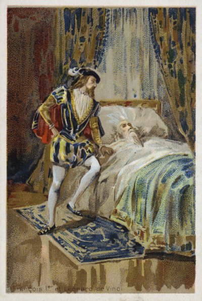 1519年に瀕死のレオナルドダヴィンチのベッドサイドにあるフランス国王フランシス1世 作： French School