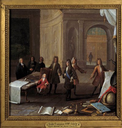 枢機卿フルーリーと摂政オルレアン公フィリップ2世（1674-1723）の前でルコンを受け取る国王ルイ15世（1710-1774）の子供 18世紀の無名の絵画、銅に油彩 Dim.0.23 x 0.23 m パリ、カルナヴァレ美術館 - 教職の気の場面 作： French School