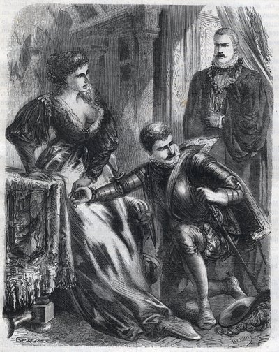フィリップ2世（1527-1598）は、義母（継母）であるエリザベート王妃（1545-1568）（フランスのエリザベートまたはヴァロワのイザベル）に暴力を振るおうとしている息子のドン・カルロス王子（1545-1568）を驚かせる（1月17日 作： French School
