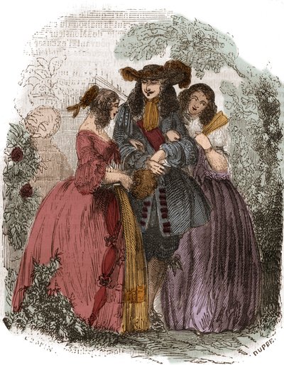 フランス王ルイ14世（1638-1715）とオルタンス・マンシーニ（1646-1699）とその妹マリー・マンシーニ（1639-1715）。マザランの姪たち。19世紀のエングレーヴィング。 作： French School