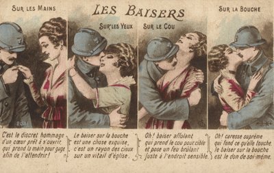 キスをするカップル（カラーリトグラフ 作： French School