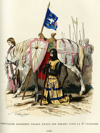 第二回十字軍（1147-1149年）に出発する前に祈りを捧げる騎士バンヌレ（旗を着用する権利を与える貴族の称号）。カラー・エングレーヴィング、オーギュスタン・シャラメル著『France et les francais a travers les siecles』（F.Roy編集、パリ、1882年）所収。 作： French School