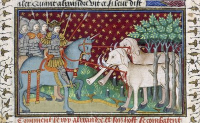 「シュルーズベリー・タルボット・ブック・オブ・ロマンス」からの象を攻撃する騎士、1445年頃（ベラム） 作： French School