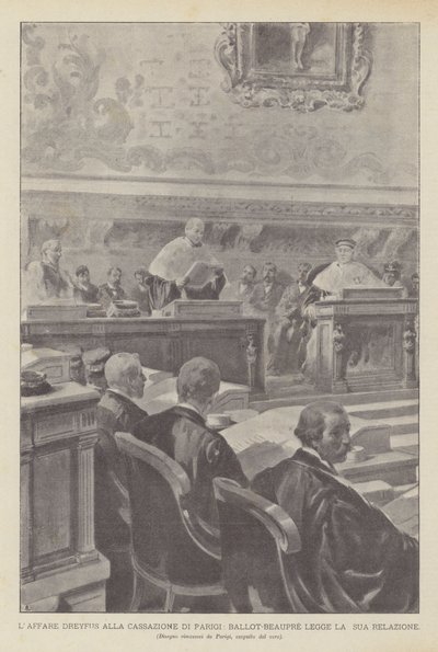 ドレフュス事件のパリ裁判での判決、報告書を読むバロット＝ボープレ（リトグラフ 作： French School