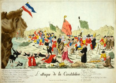 憲法への攻撃、パブ1792年（手彩色のエングレービング 作： French School